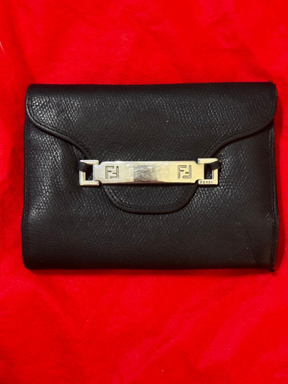 Vintage Fendi SAS Black Leather Passante French Wallet Flap Italy 1980s